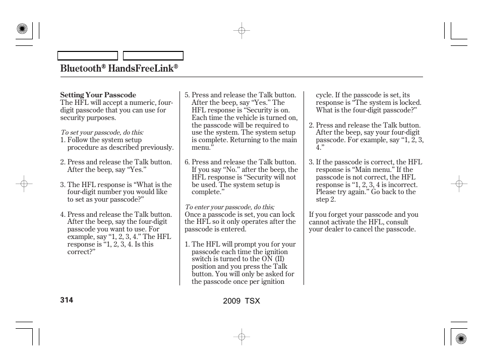Bluetooth handsfreelink | Acura 2009 TSX User Manual | Page 317 / 524