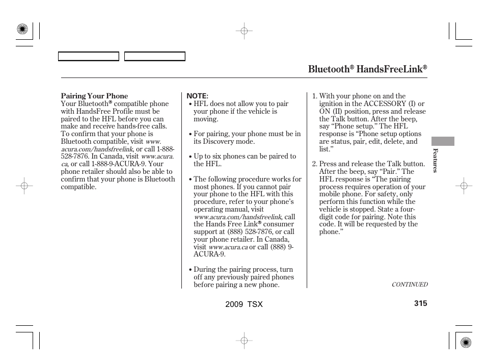 Bluetooth handsfreelink | Acura 2009 TSX User Manual | Page 318 / 524