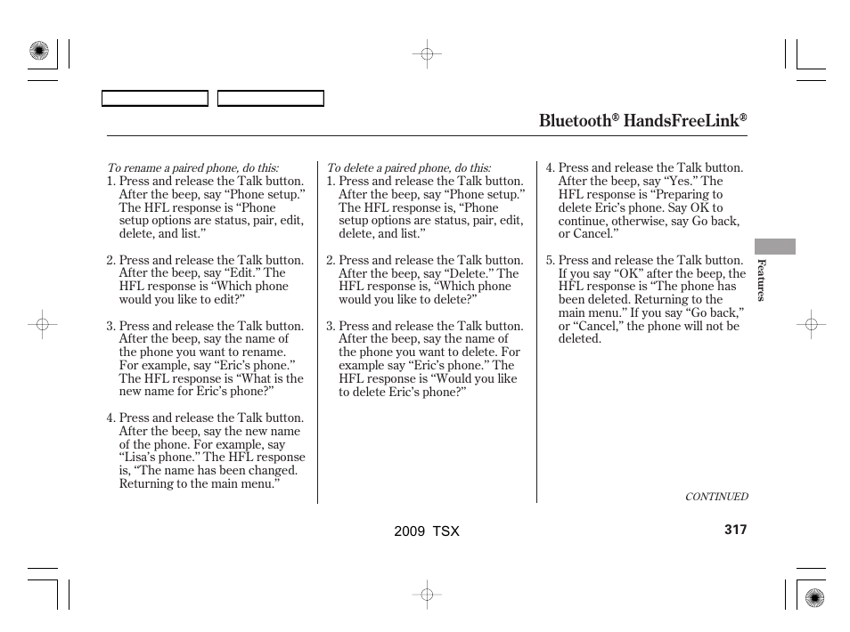 Bluetooth handsfreelink | Acura 2009 TSX User Manual | Page 320 / 524