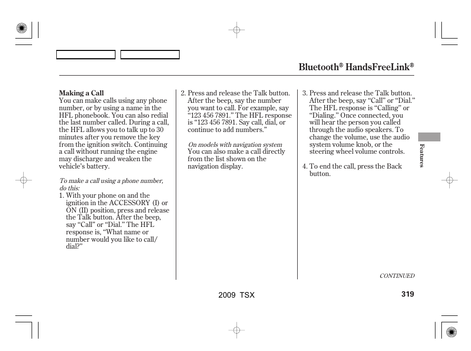 Bluetooth handsfreelink | Acura 2009 TSX User Manual | Page 322 / 524