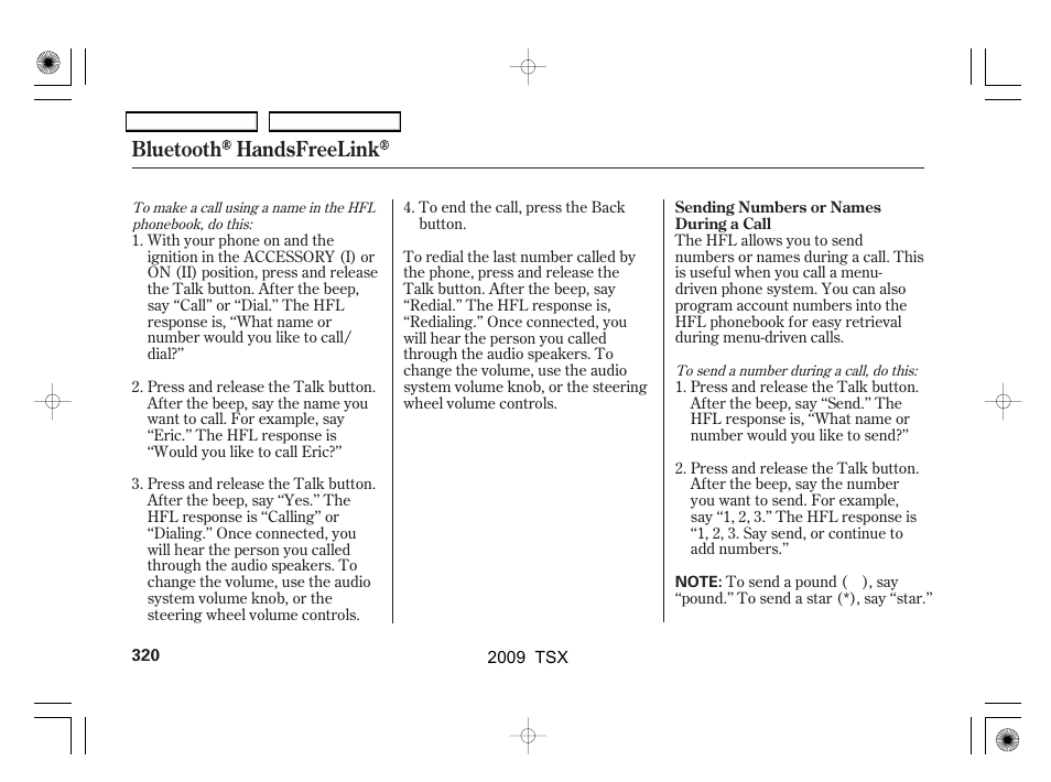 Bluetooth handsfreelink | Acura 2009 TSX User Manual | Page 323 / 524