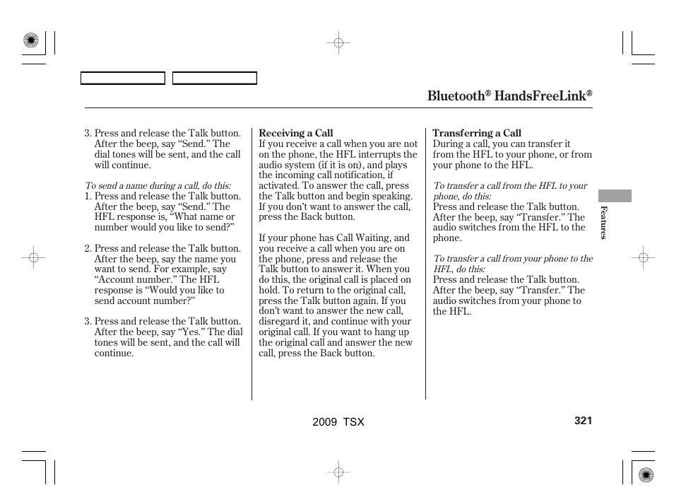 Bluetooth handsfreelink | Acura 2009 TSX User Manual | Page 324 / 524