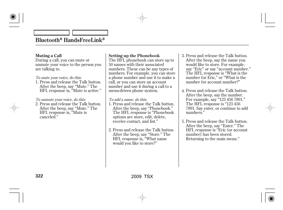 Bluetooth handsfreelink | Acura 2009 TSX User Manual | Page 325 / 524