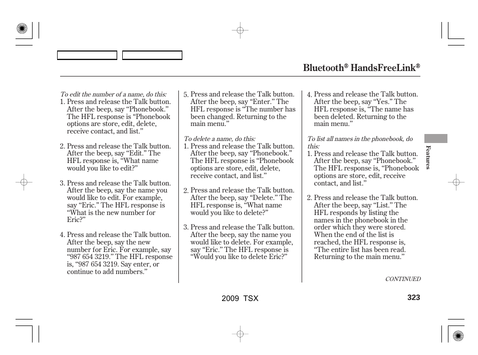 Bluetooth handsfreelink | Acura 2009 TSX User Manual | Page 326 / 524
