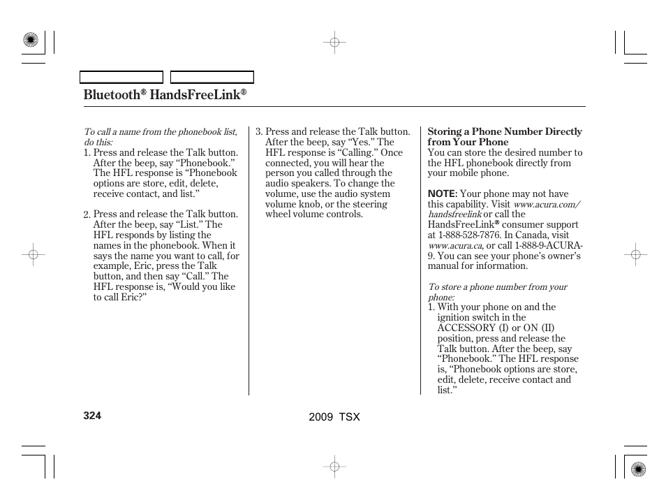 Bluetooth handsfreelink | Acura 2009 TSX User Manual | Page 327 / 524