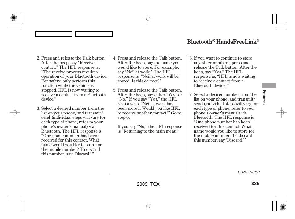 Bluetooth handsfreelink | Acura 2009 TSX User Manual | Page 328 / 524