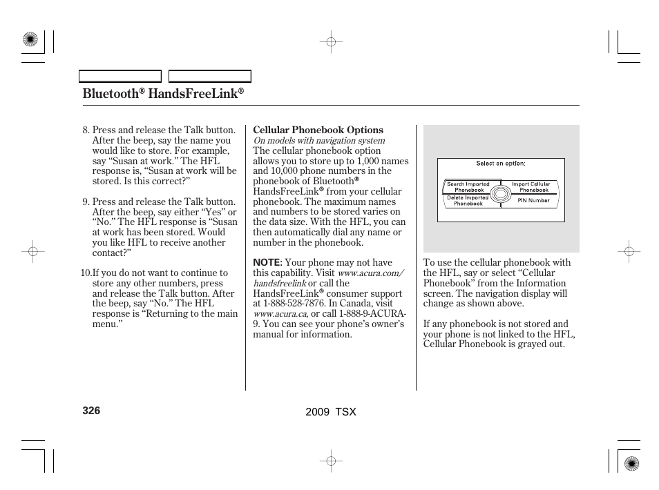 Bluetooth handsfreelink | Acura 2009 TSX User Manual | Page 329 / 524