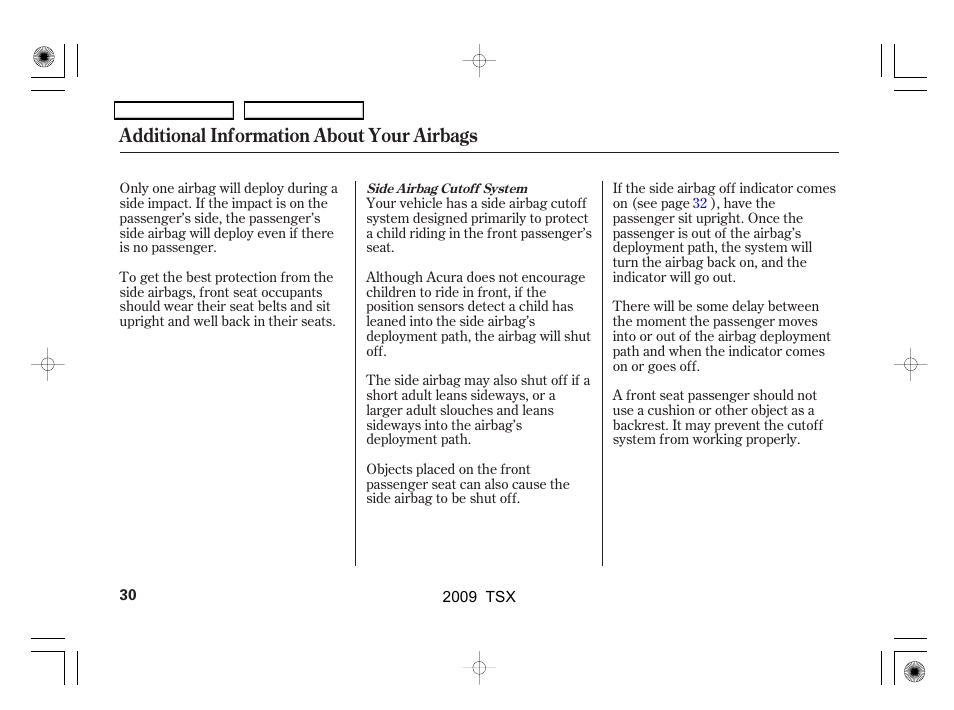 Additional information about your airbags | Acura 2009 TSX User Manual | Page 33 / 524