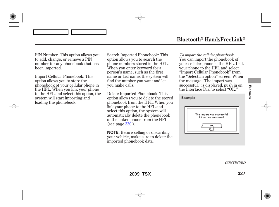 Bluetooth handsfreelink | Acura 2009 TSX User Manual | Page 330 / 524