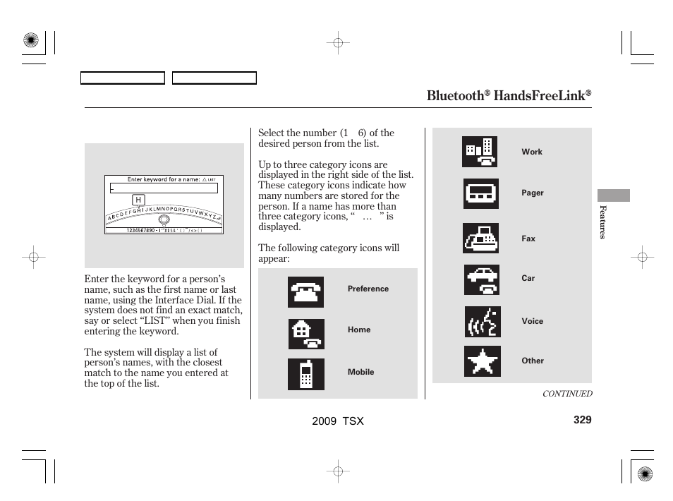 Bluetooth handsfreelink | Acura 2009 TSX User Manual | Page 332 / 524