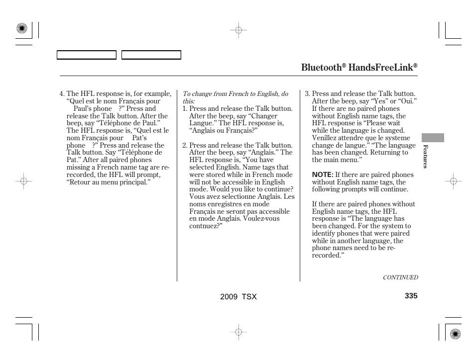 Bluetooth handsfreelink | Acura 2009 TSX User Manual | Page 338 / 524