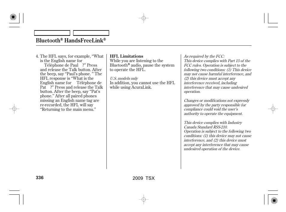 Bluetooth handsfreelink | Acura 2009 TSX User Manual | Page 339 / 524