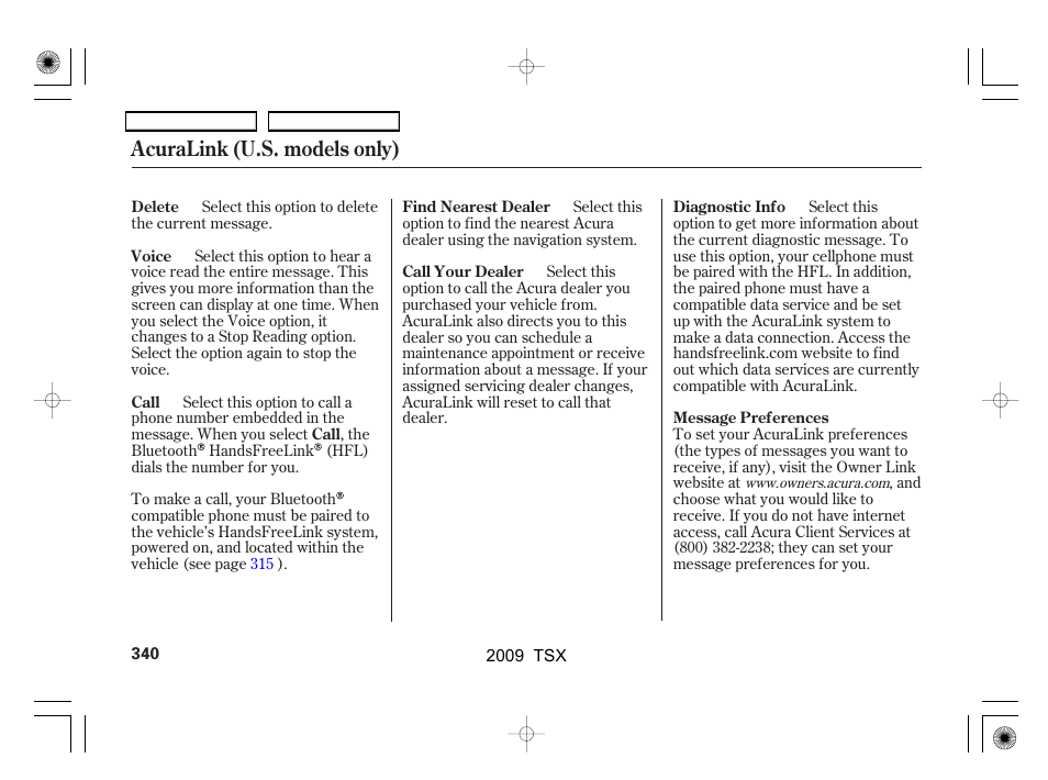 Acuralink (u.s. models only) | Acura 2009 TSX User Manual | Page 343 / 524