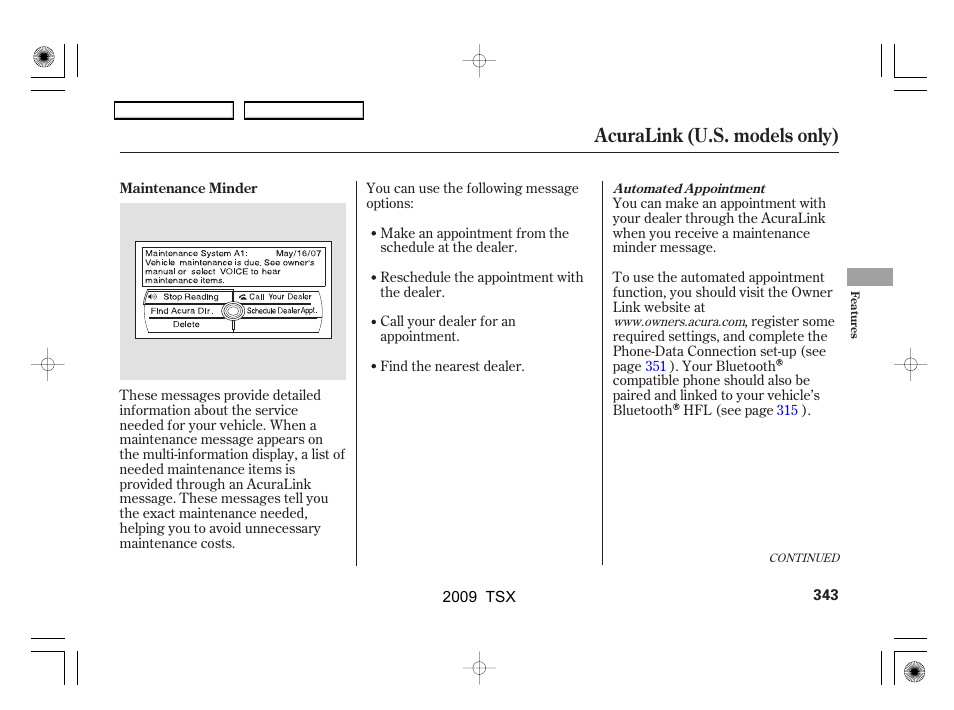 Acuralink (u.s. models only) | Acura 2009 TSX User Manual | Page 346 / 524