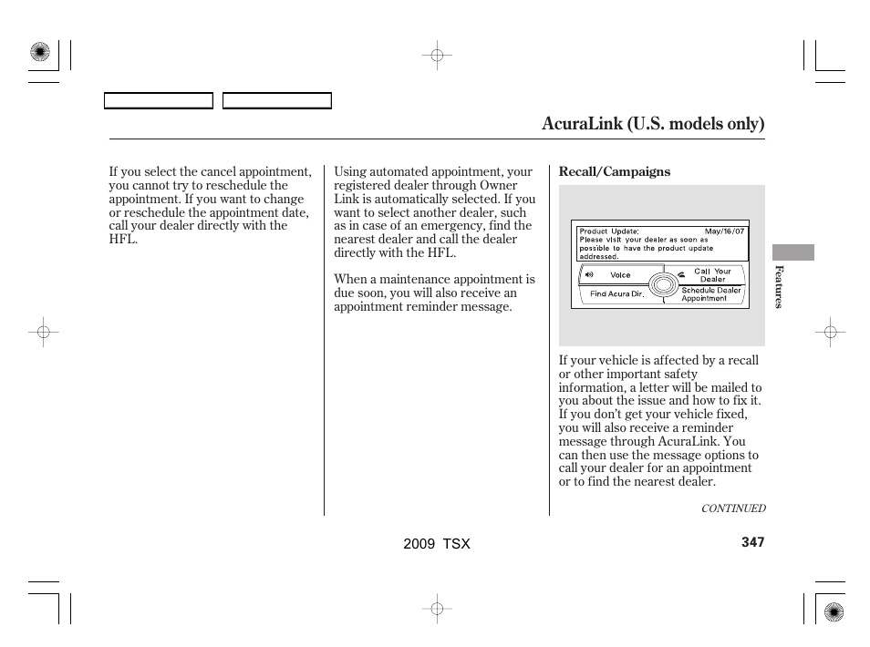 Acuralink (u.s. models only) | Acura 2009 TSX User Manual | Page 350 / 524