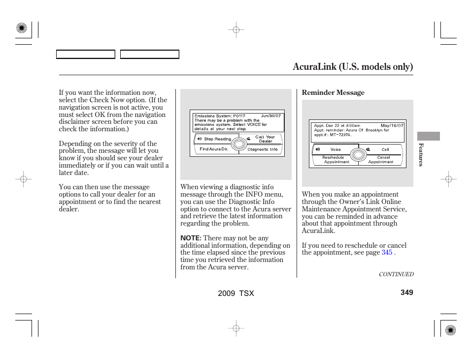 Acuralink (u.s. models only) | Acura 2009 TSX User Manual | Page 352 / 524