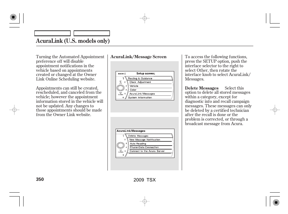 Acuralink (u.s. models only) | Acura 2009 TSX User Manual | Page 353 / 524