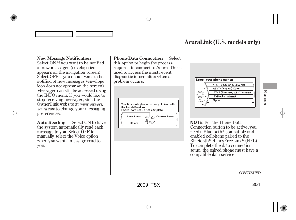 Acuralink (u.s. models only) | Acura 2009 TSX User Manual | Page 354 / 524