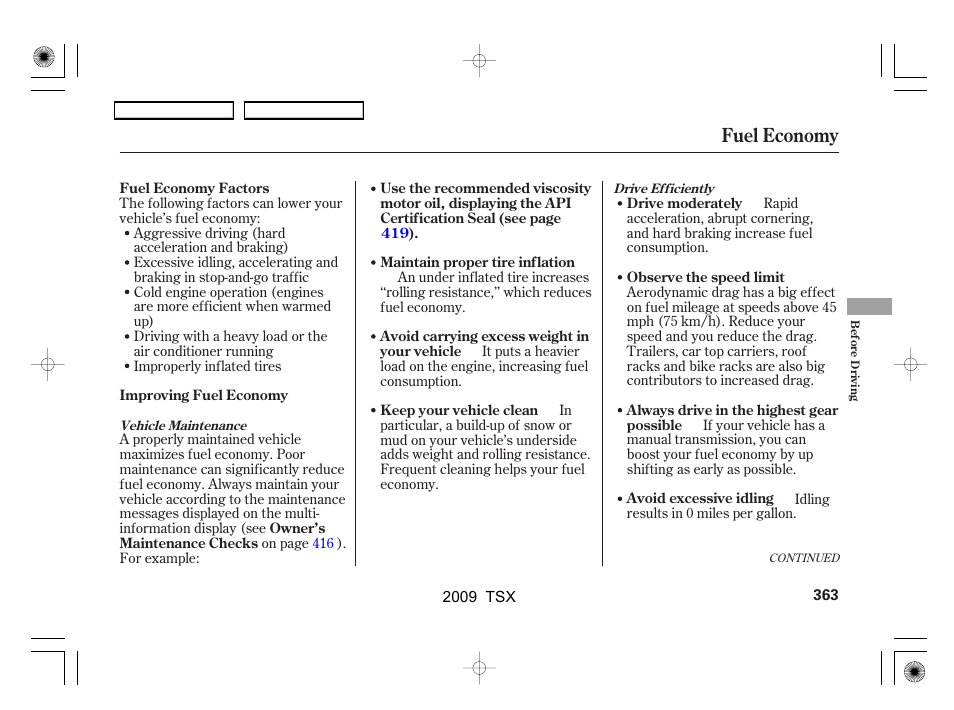 Fuel economy | Acura 2009 TSX User Manual | Page 366 / 524