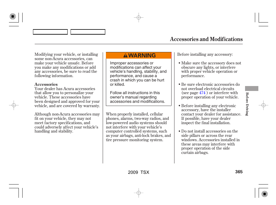 Accessories and modifications | Acura 2009 TSX User Manual | Page 368 / 524