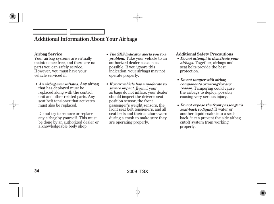 Additional information about your airbags | Acura 2009 TSX User Manual | Page 37 / 524