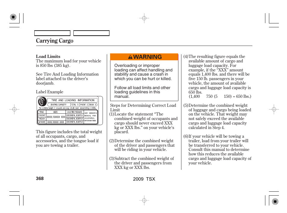 Carrying cargo | Acura 2009 TSX User Manual | Page 371 / 524