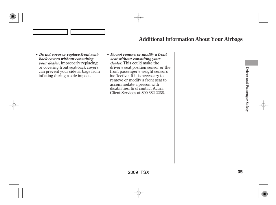 Additional information about your airbags | Acura 2009 TSX User Manual | Page 38 / 524