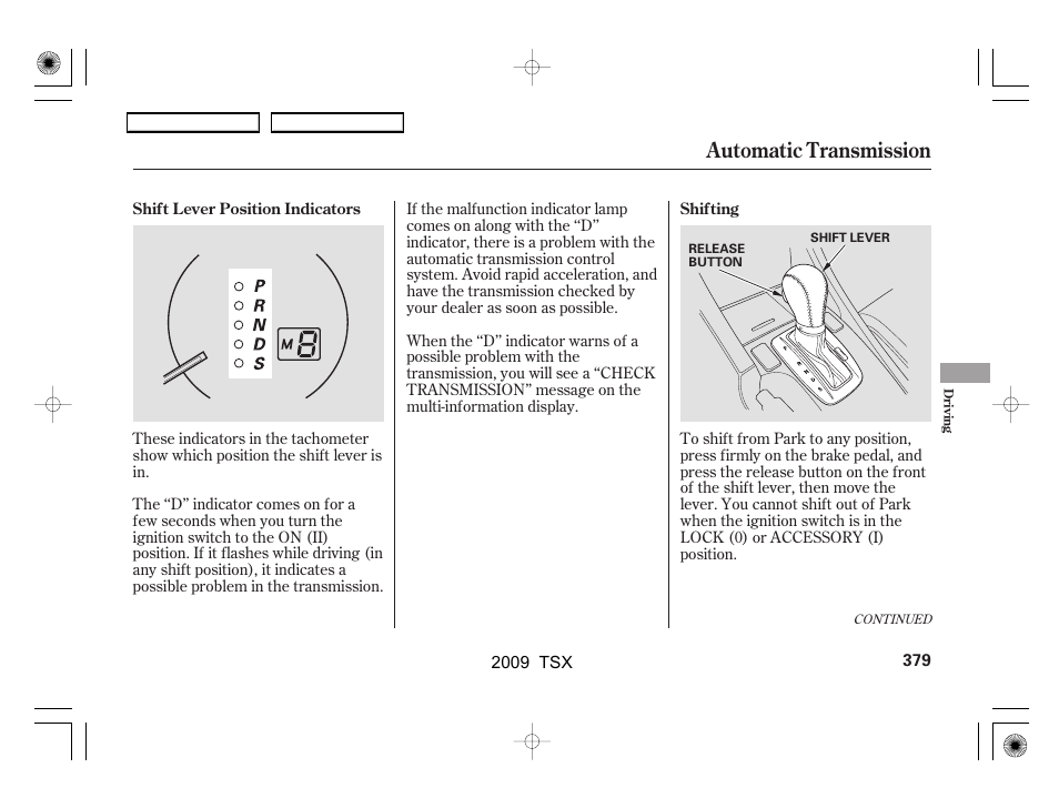 Automatic transmission | Acura 2009 TSX User Manual | Page 382 / 524