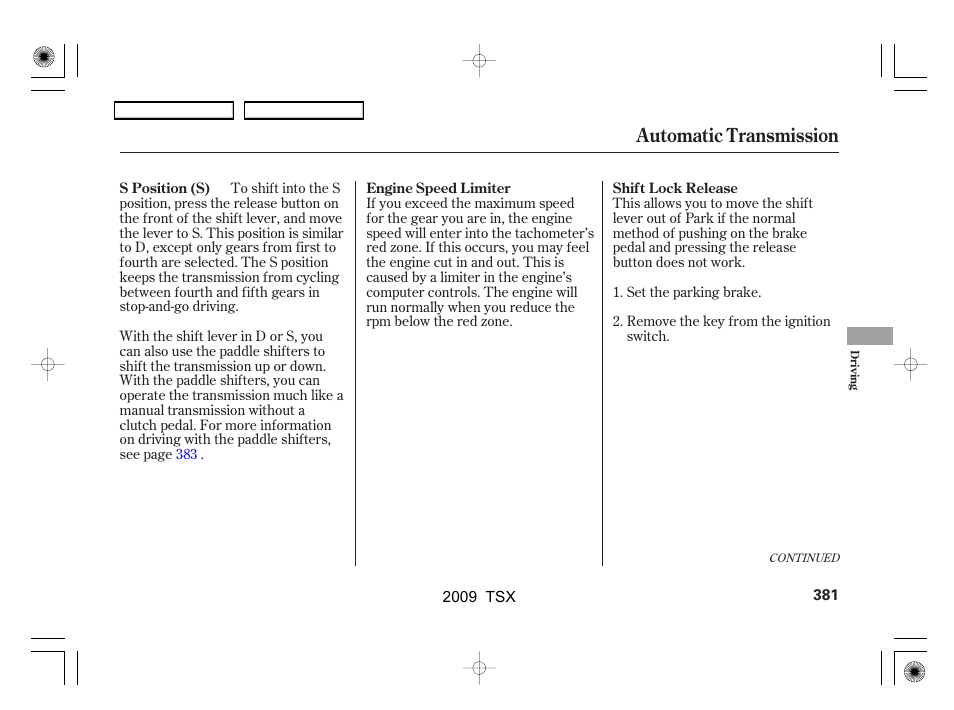 Automatic transmission | Acura 2009 TSX User Manual | Page 384 / 524