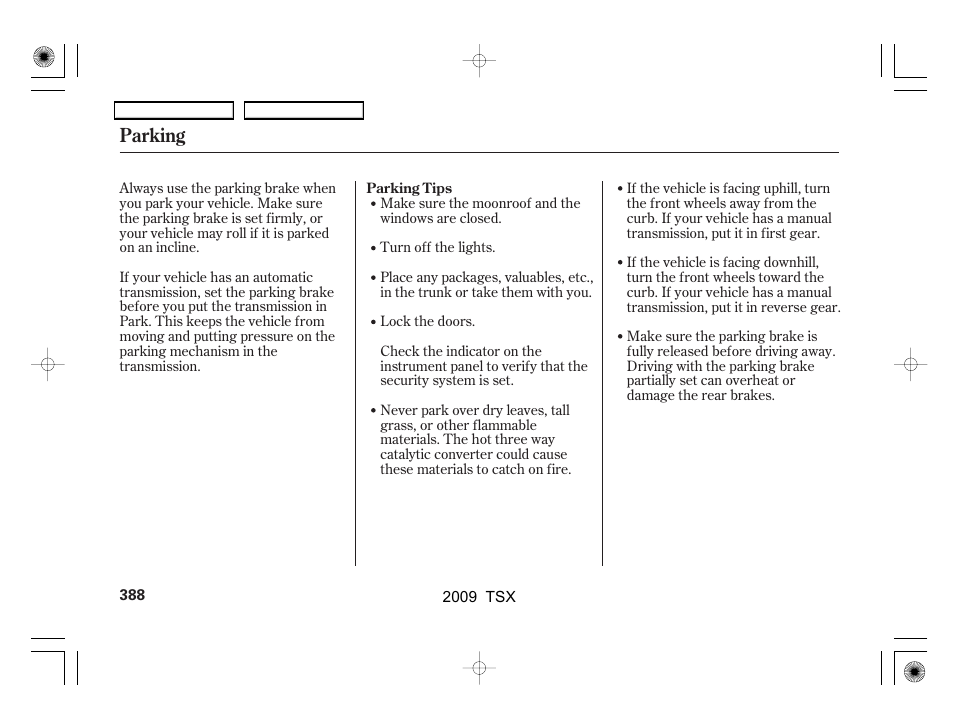 Parking | Acura 2009 TSX User Manual | Page 391 / 524