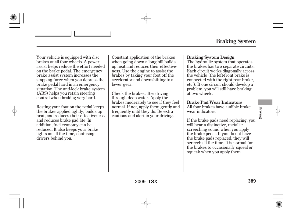 Braking system | Acura 2009 TSX User Manual | Page 392 / 524