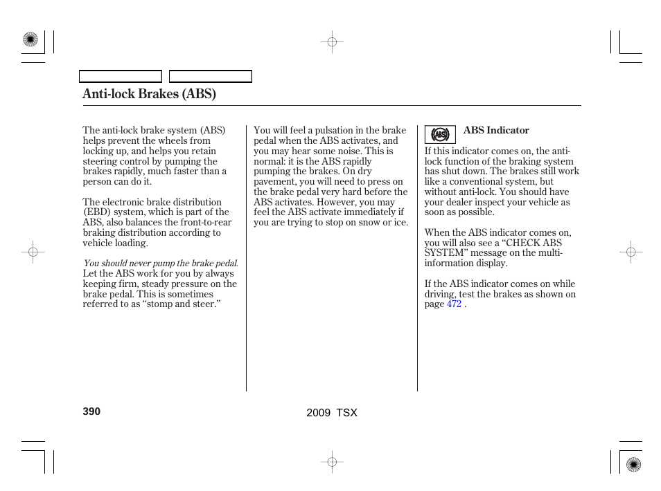 Anti-lock brakes (abs) | Acura 2009 TSX User Manual | Page 393 / 524