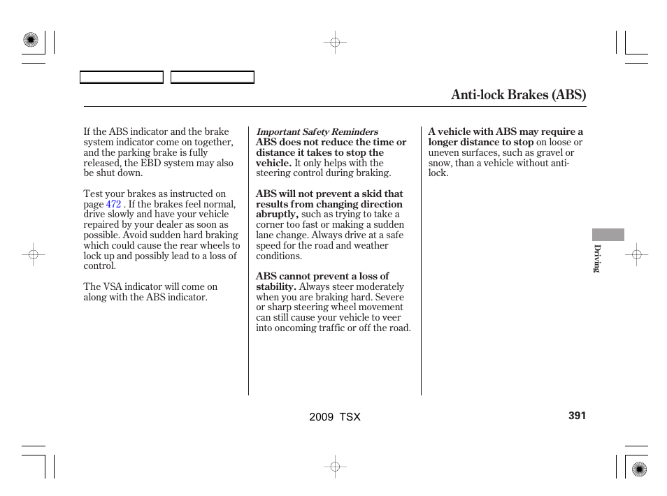 Anti-lock brakes (abs) | Acura 2009 TSX User Manual | Page 394 / 524