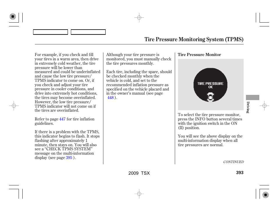 Tire pressure monitoring system (tpms) | Acura 2009 TSX User Manual | Page 396 / 524