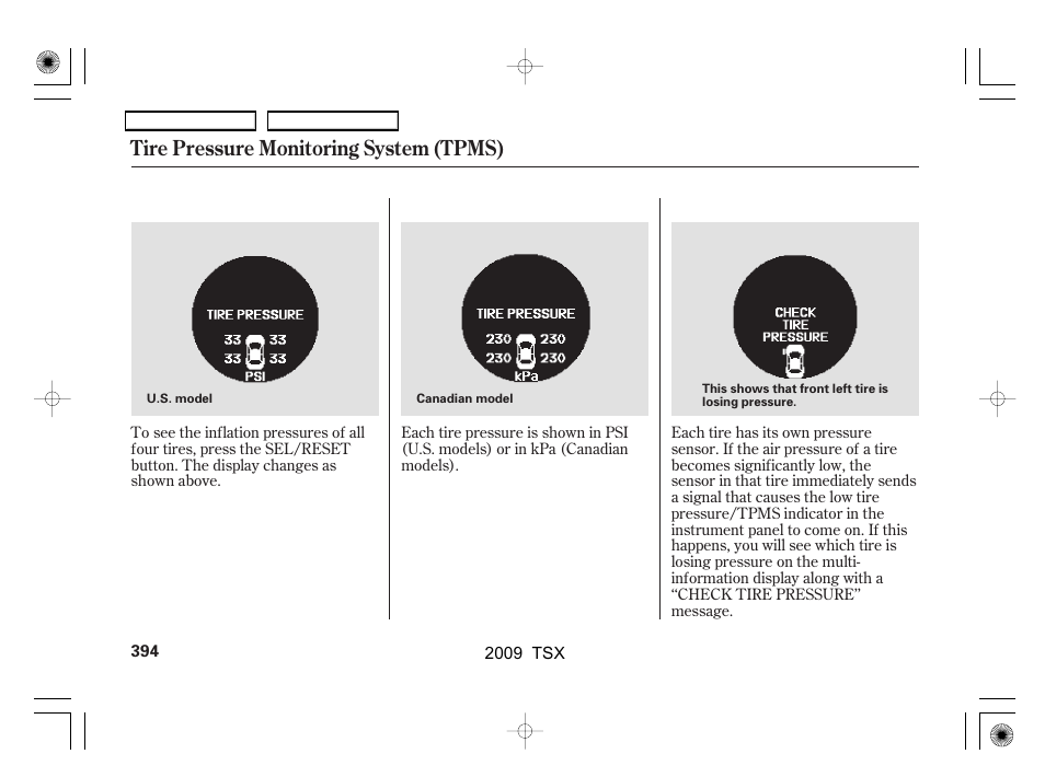 Tire pressure monitoring system (tpms) | Acura 2009 TSX User Manual | Page 397 / 524