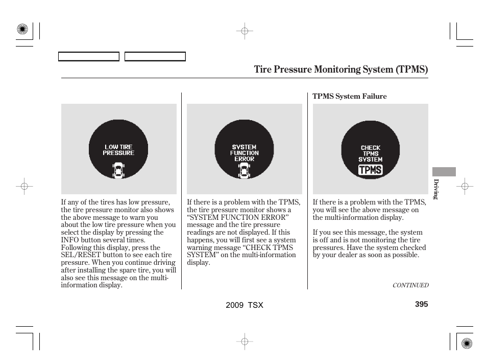 Tire pressure monitoring system (tpms) | Acura 2009 TSX User Manual | Page 398 / 524