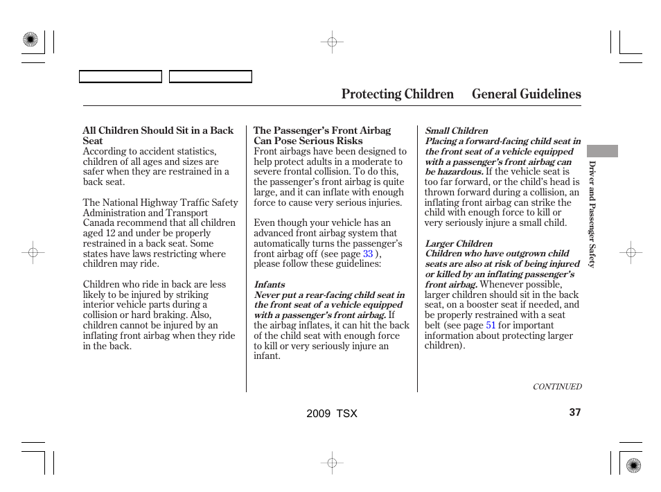 Protecting children general guidelines | Acura 2009 TSX User Manual | Page 40 / 524