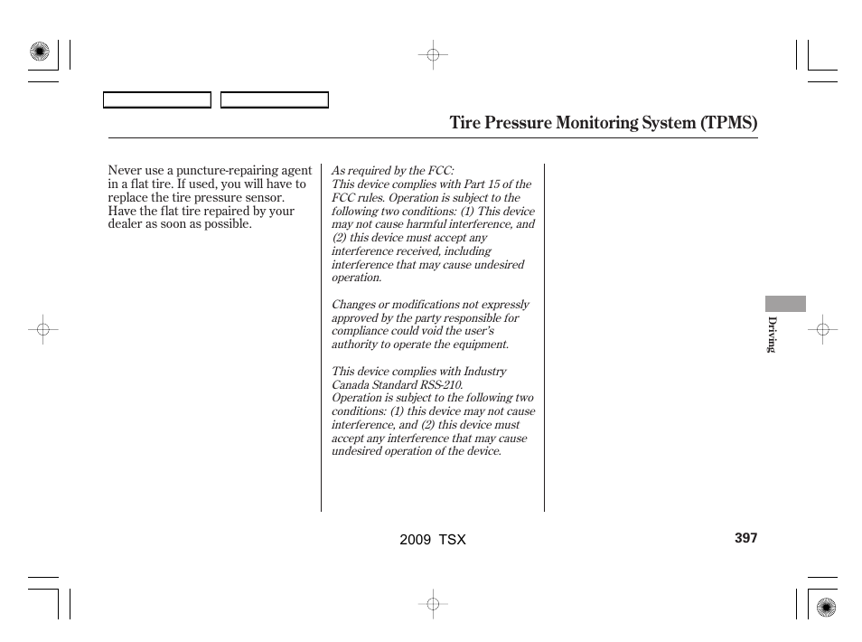 Tire pressure monitoring system (tpms) | Acura 2009 TSX User Manual | Page 400 / 524