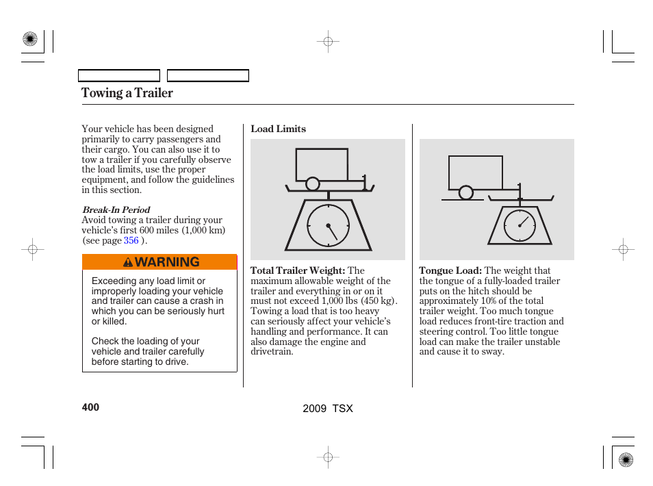 Towing a trailer | Acura 2009 TSX User Manual | Page 403 / 524