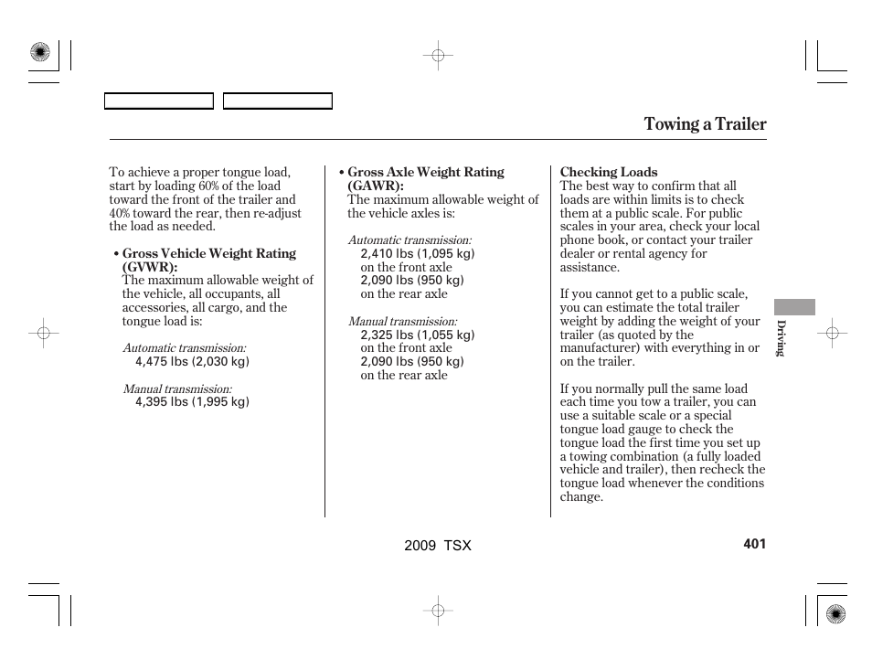 Towing a trailer | Acura 2009 TSX User Manual | Page 404 / 524