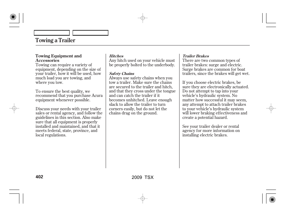 Towing a trailer | Acura 2009 TSX User Manual | Page 405 / 524