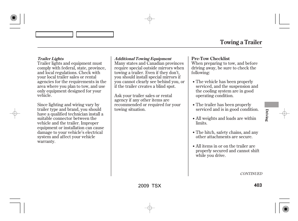 Towing a trailer | Acura 2009 TSX User Manual | Page 406 / 524