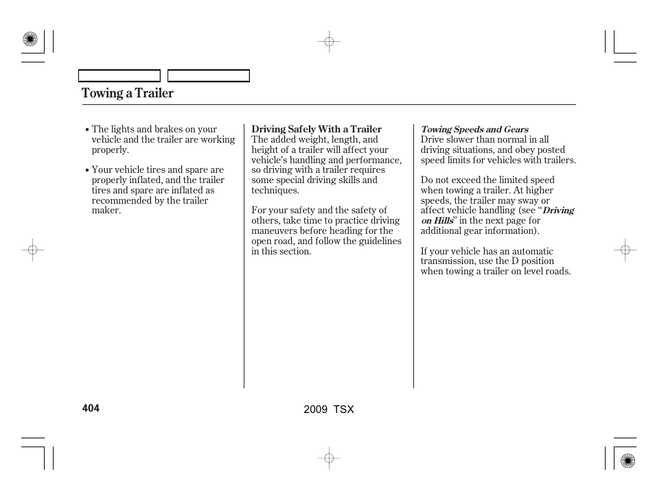 Towing a trailer | Acura 2009 TSX User Manual | Page 407 / 524