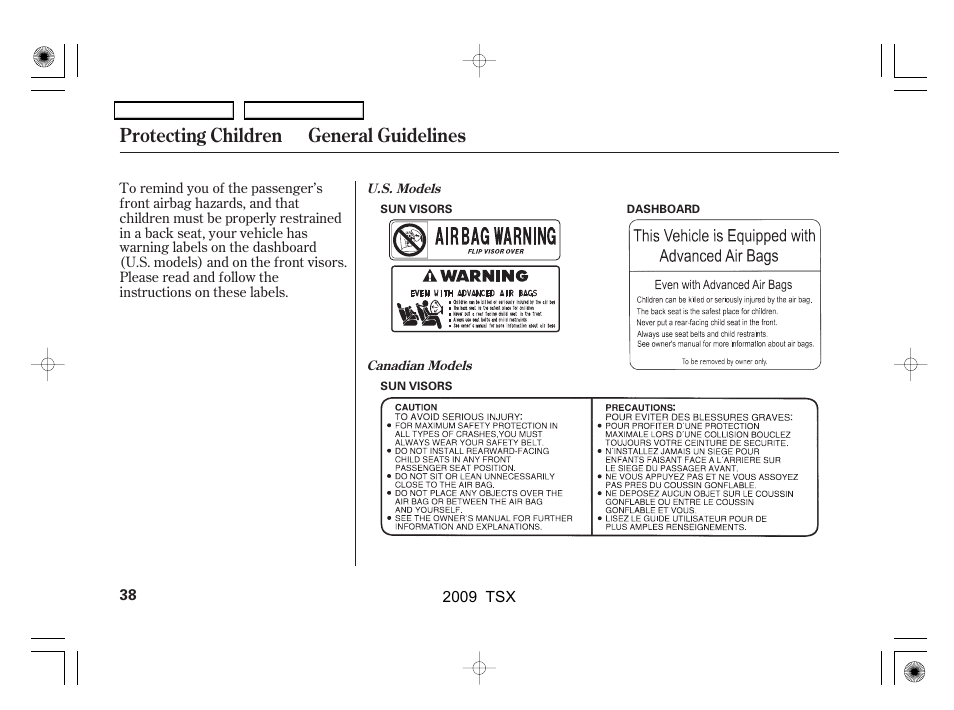 Protecting children general guidelines | Acura 2009 TSX User Manual | Page 41 / 524