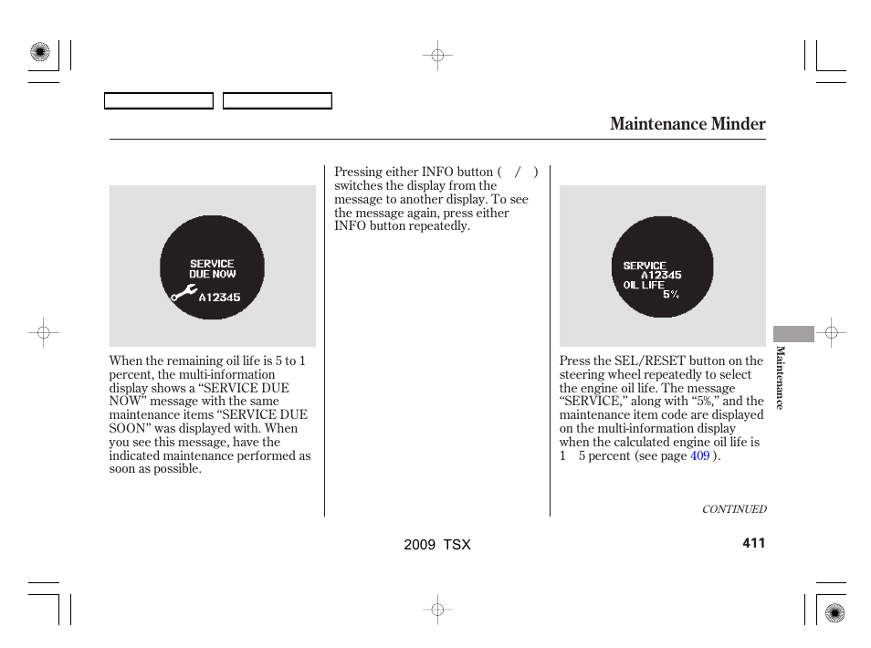Maintenance minder | Acura 2009 TSX User Manual | Page 414 / 524