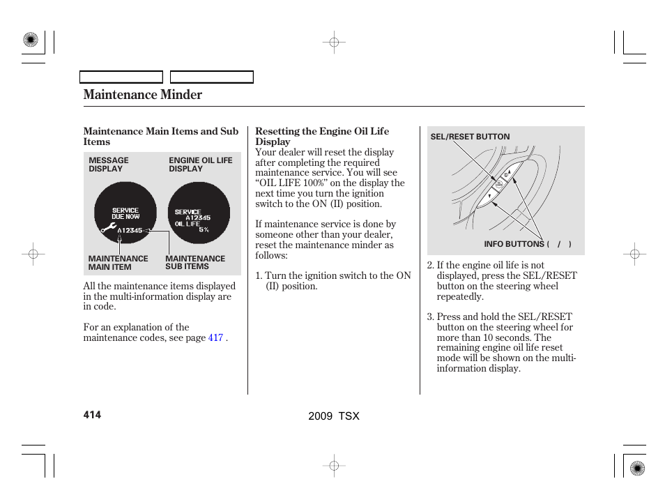 Maintenance minder | Acura 2009 TSX User Manual | Page 417 / 524