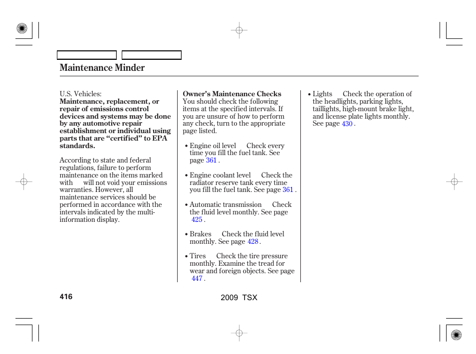Maintenance minder | Acura 2009 TSX User Manual | Page 419 / 524