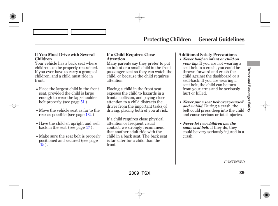 Protecting children general guidelines | Acura 2009 TSX User Manual | Page 42 / 524