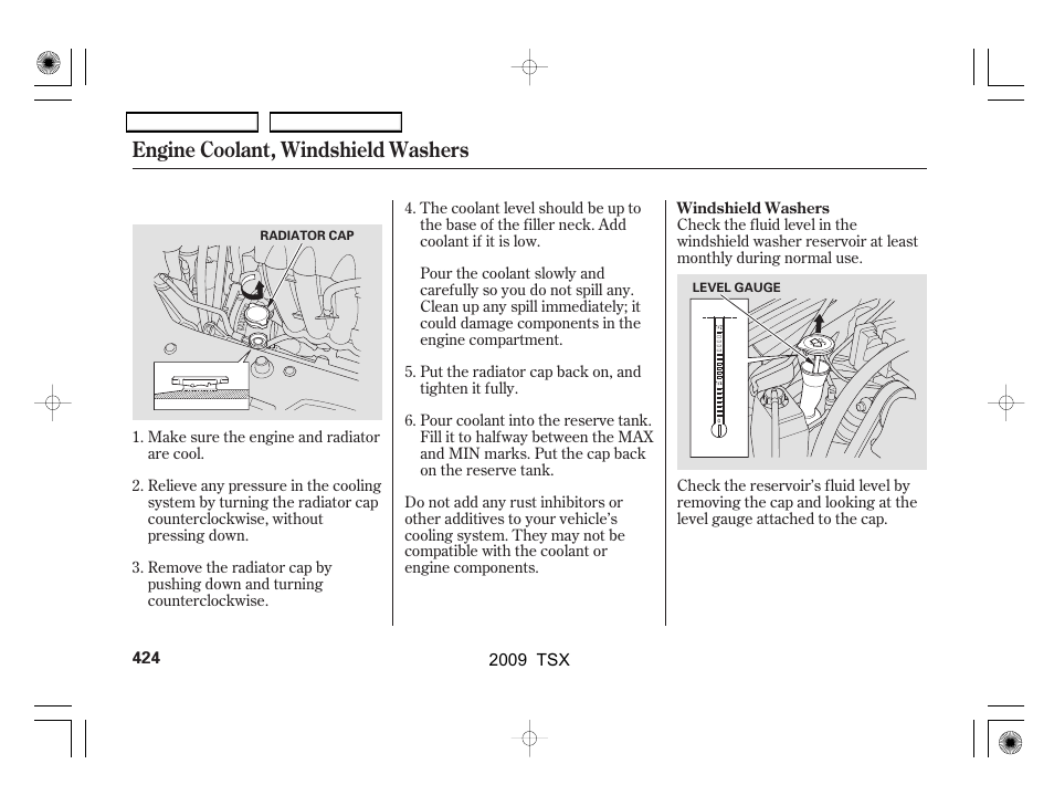 Engine coolant, windshield washers | Acura 2009 TSX User Manual | Page 427 / 524