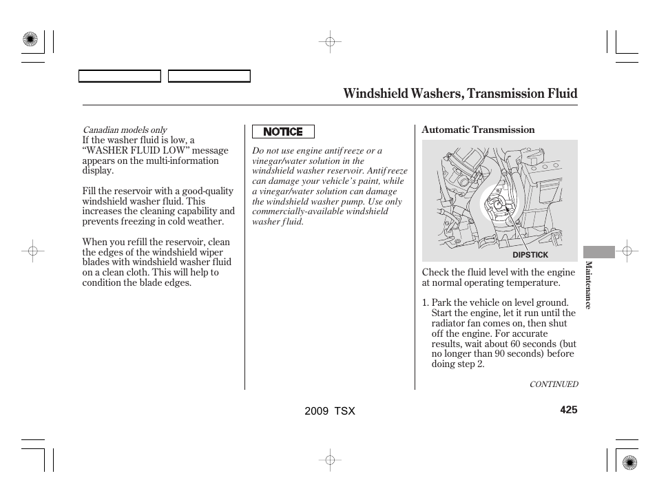 Windshield washers, transmission fluid | Acura 2009 TSX User Manual | Page 428 / 524